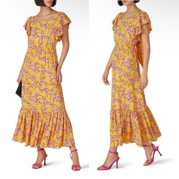 Sachin & Babi Yellow Flutter Sleeve Floral Print Maxi Dress Size 8 - Picture 1 of 10